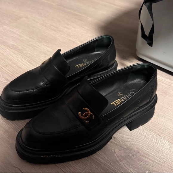CHANEL Black Leather Platform Loafers - Picture 1 of 4